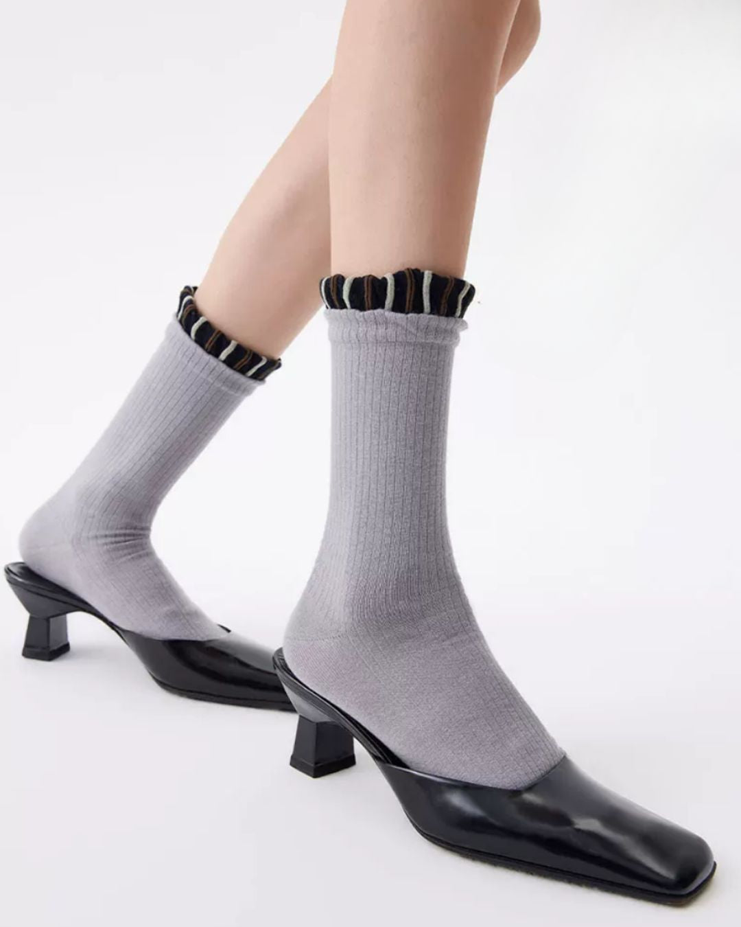 Frill-Cuff Striped Seamless Crew